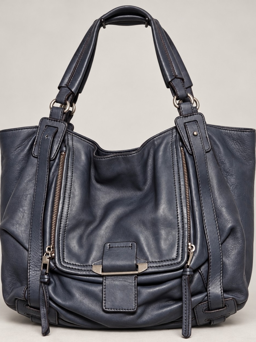 Kooba Navy Blue Leather Tote Shoulder Bag Front Flap Double Zip Clasp